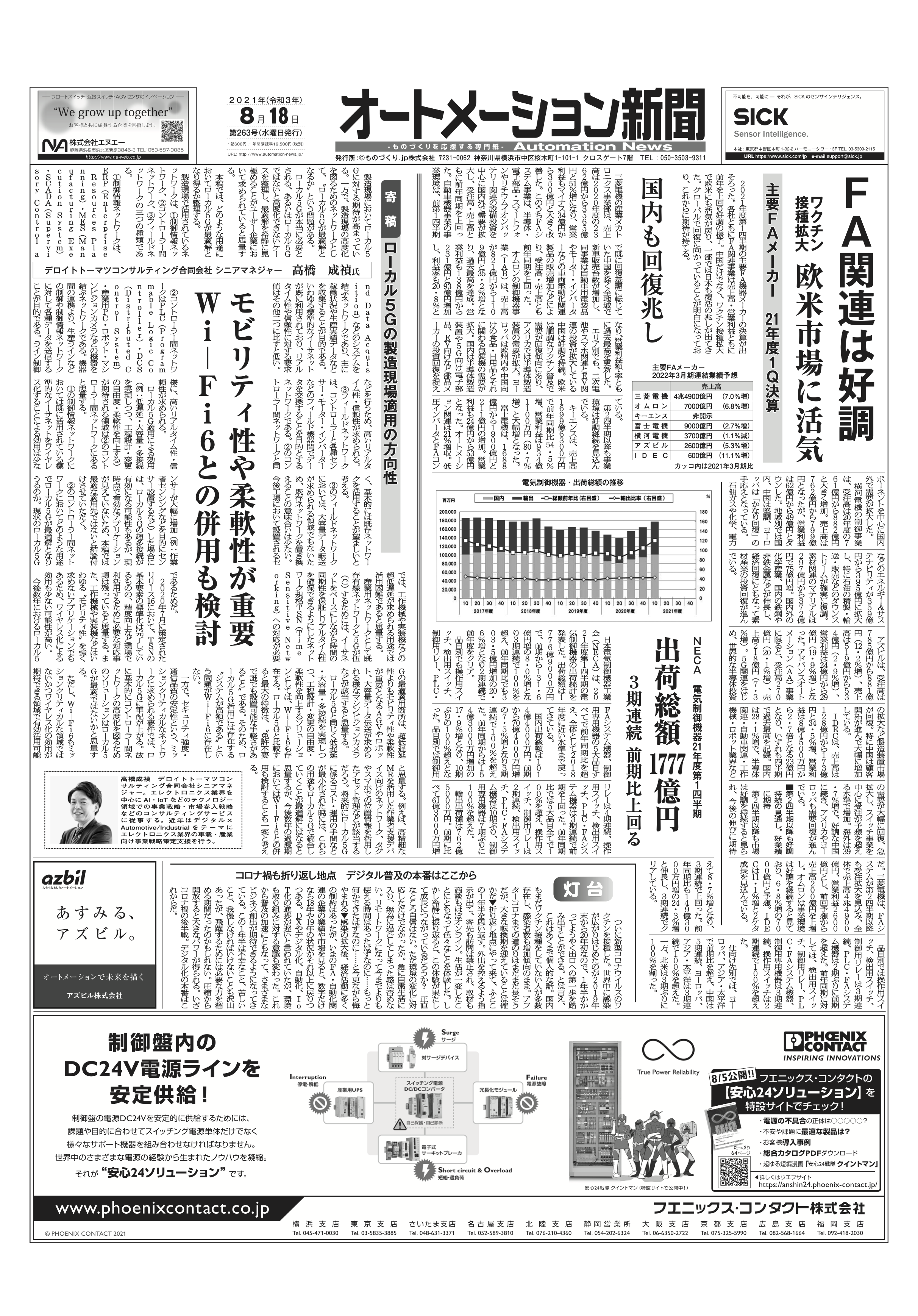 オートメーション新聞2021年8月18日号  主要FAメーカー2021年1Q業績など