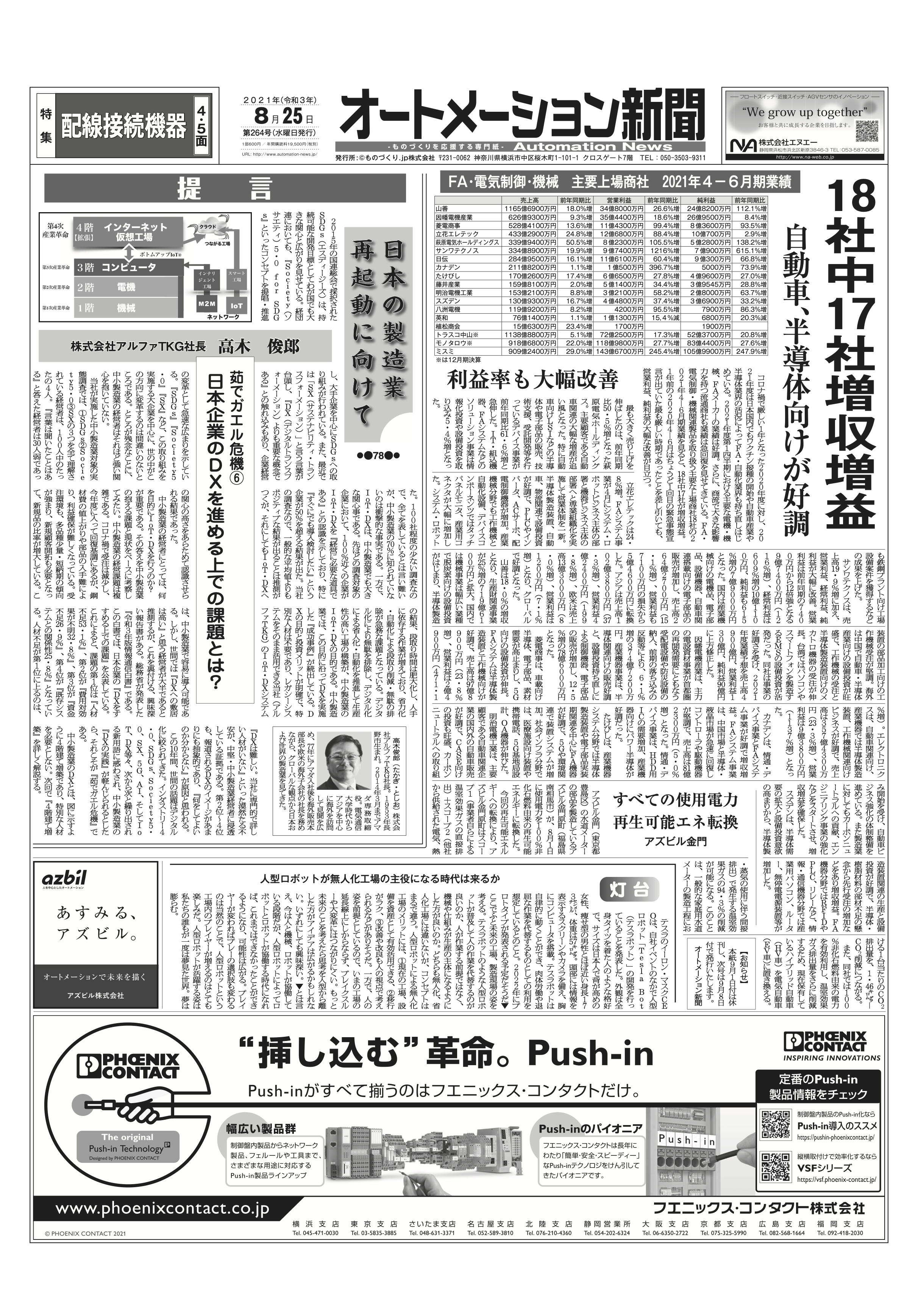 オートメーション新聞2021年8月25日号  配線接続機器の最新動向など