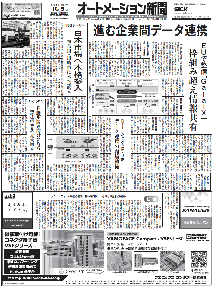 【オートメーション新聞No.304】進む企業間データ連携／NTTコムとオムロン、製造業DXへ共創／工場新設・増設情報10月第1週など（2022年10月5日）