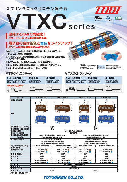 東洋技研、スプリングロック式コモン端子台「VTXCシリーズ」発売