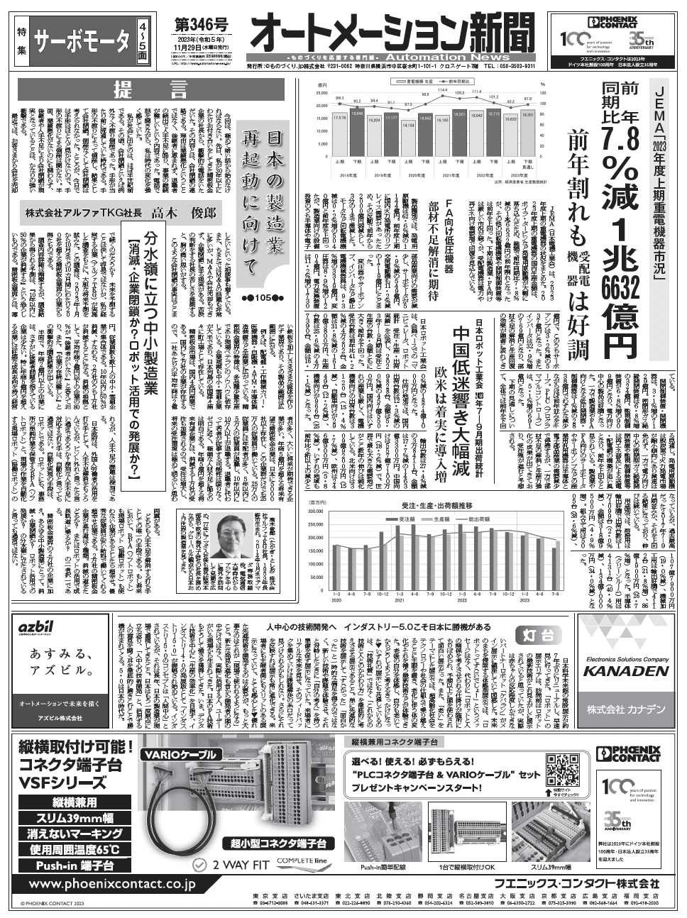 【オートメーション新聞No.346】2023上期 重電機器市況前年割れ／需給安定続くサーボモータ市場／【FAトップインタビュー】ユニバーサルロボット（2023年11月29日）