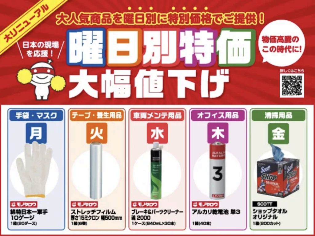 モノタロウ、売れ筋商品が曜日別に特別価格で買える「曜日別特価」が 