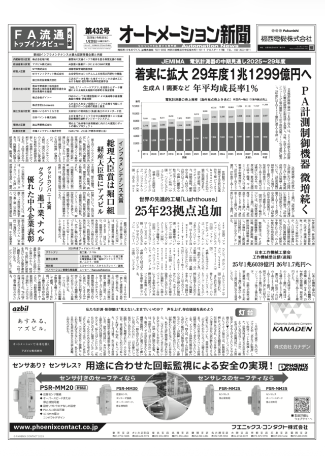 【オートメーション新聞No.432】JEMIMA 電気計測器の中期見通し / 2026年 FA流通トップインタビュー / 世界の先進的工場「Lighthouse」25年23拠点追加 など（2026年1月28日）